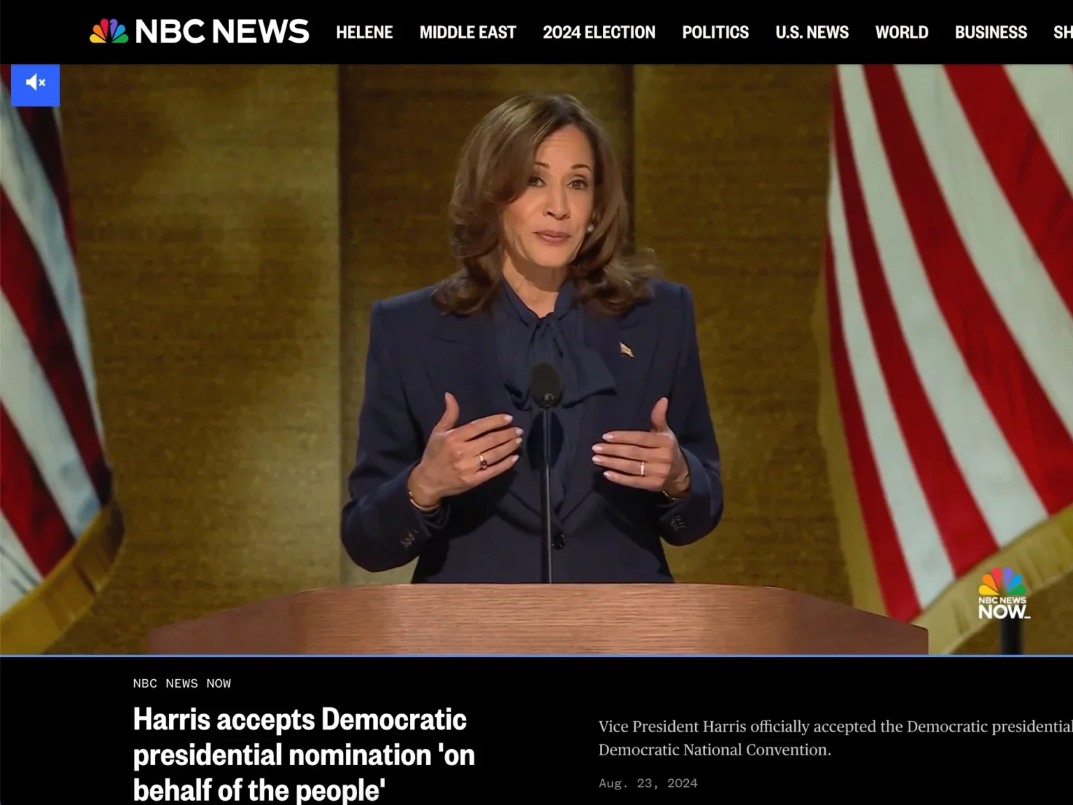 On NBC News, Kamala Harris is shown accepting the Democratic presidential nomination. Press Gazette screenshot